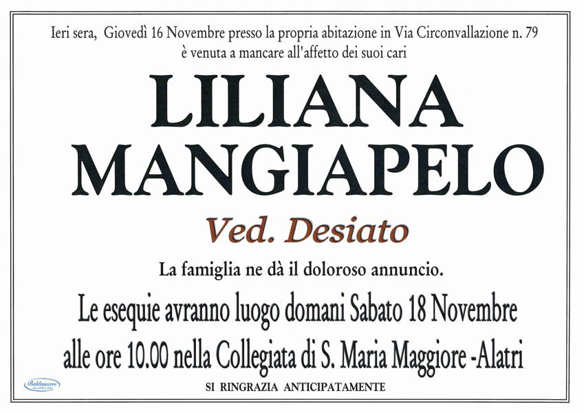 Funerali E Annunci Funebri A Alatri Liliana Mangiapelo Funer