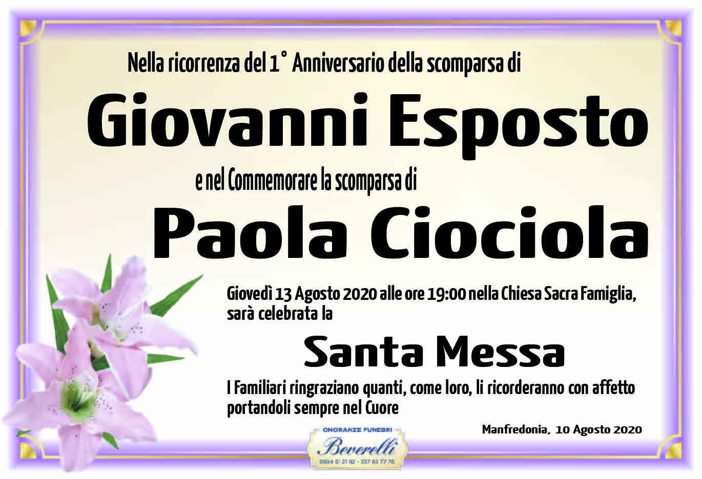 Anniversario Giovanni Esposto e Commemorazione Paola Ciociola