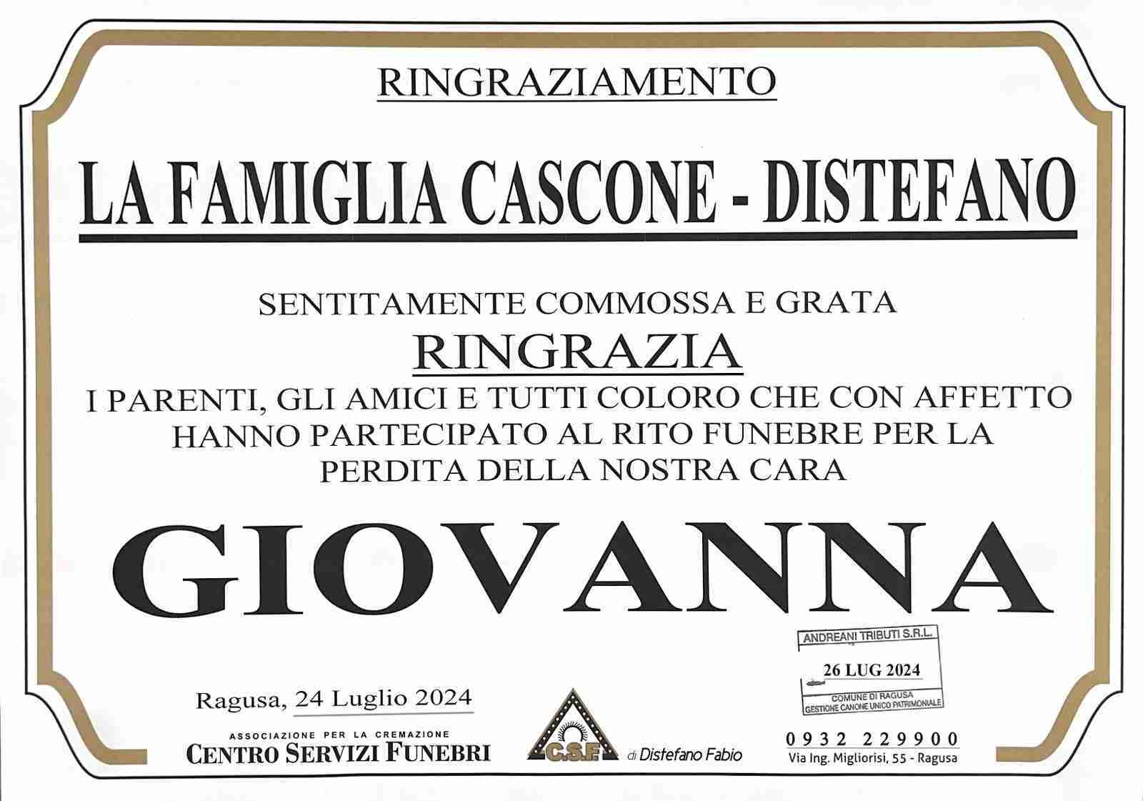 La Famiglia Cascone - Distefano Ringrazia