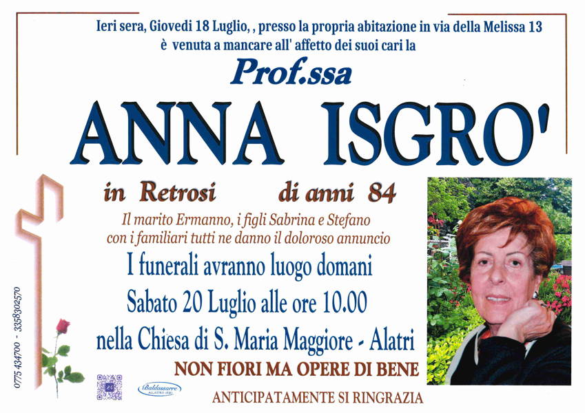 Funerali e annunci funebri a Alatri | Anna Isgro' - Funer24